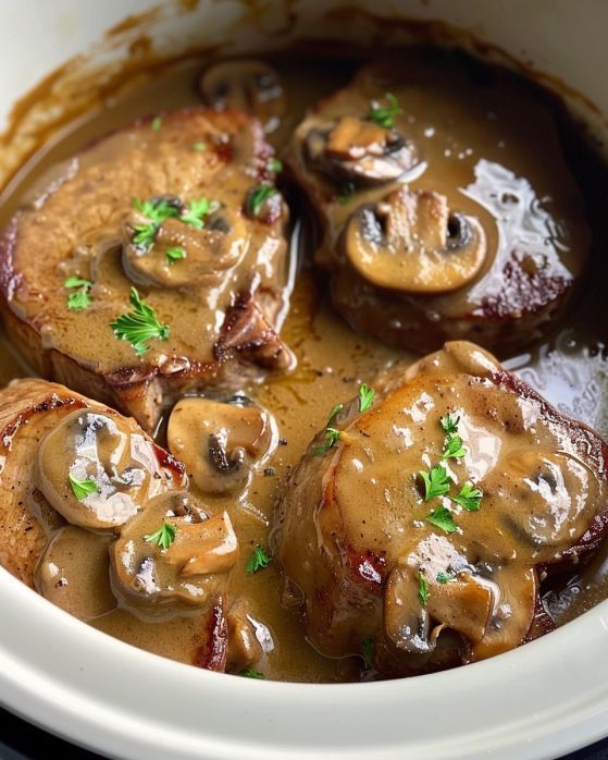 Slow Cooker Smothered Pork Chops with Mushroom Gravy