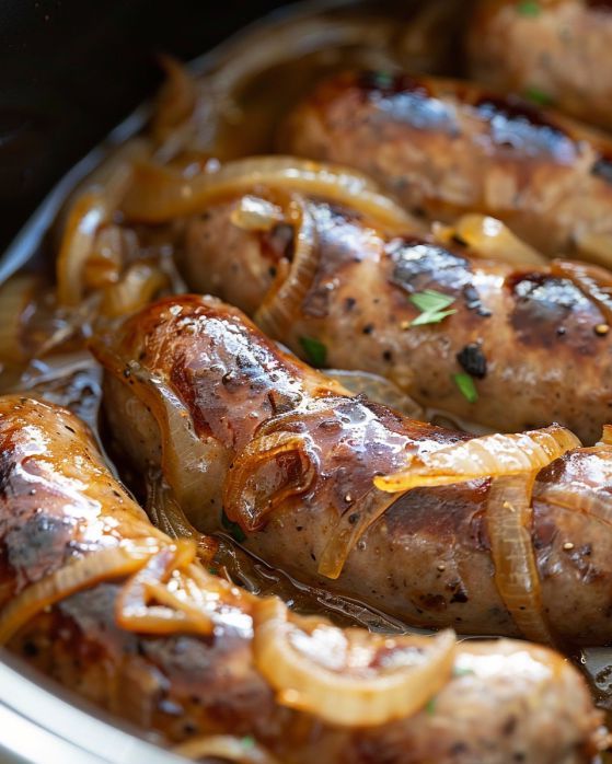 Slow Cooker Caramelized Onion Beer Brats