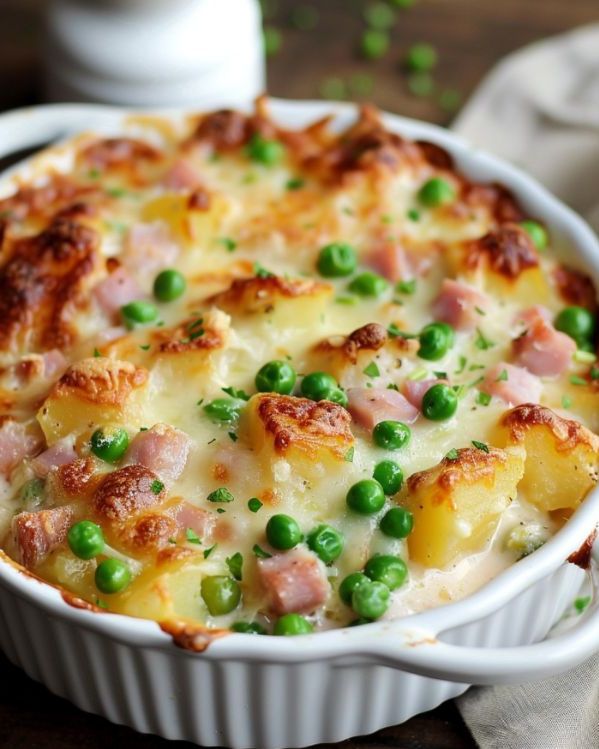 Cheesy Ham and Potato au Gratin with Peas