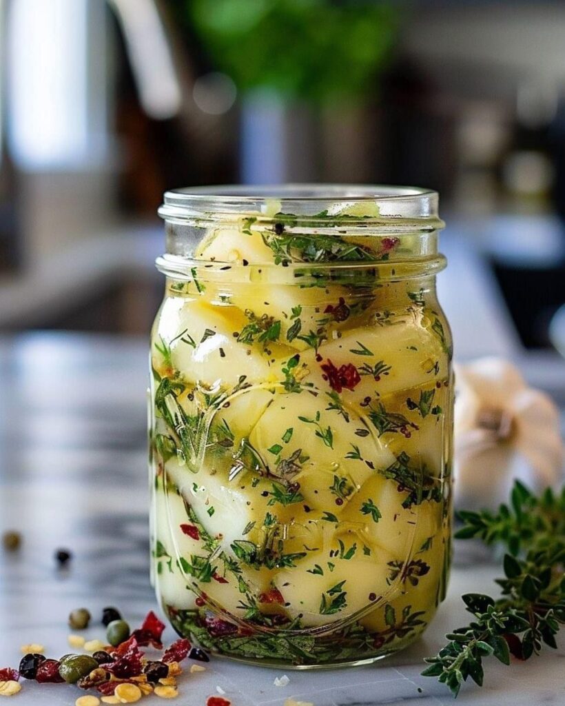 Mason jar of herb-garlic-seasoned cheese