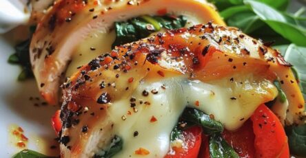 Roasted Red Pepper, Spinach, and Mozzarella Stuffed Chicken