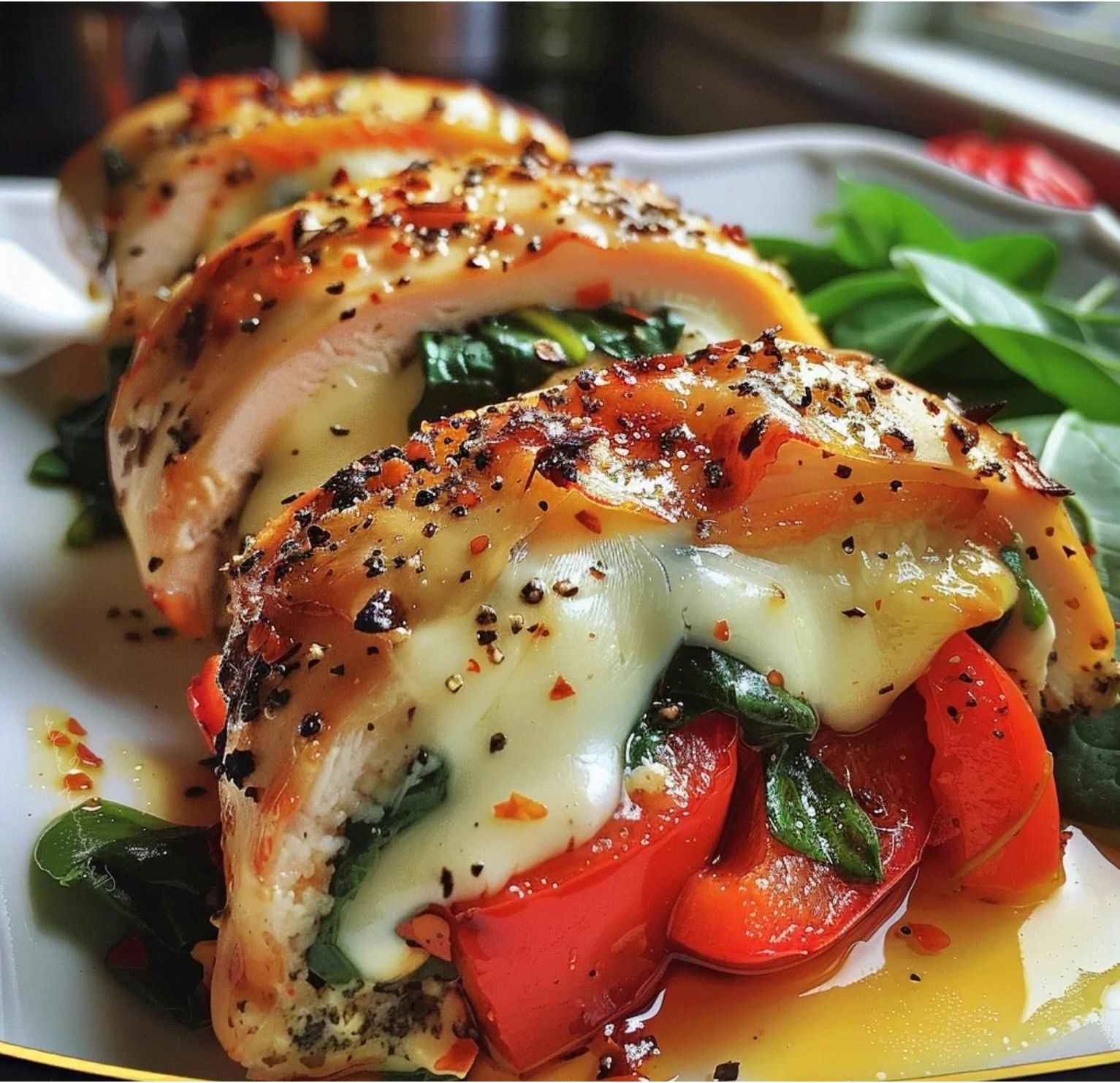 Roasted Red Pepper, Spinach, and Mozzarella Stuffed Chicken