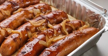 Oven Braised Beer Brats with Caramelized Onions