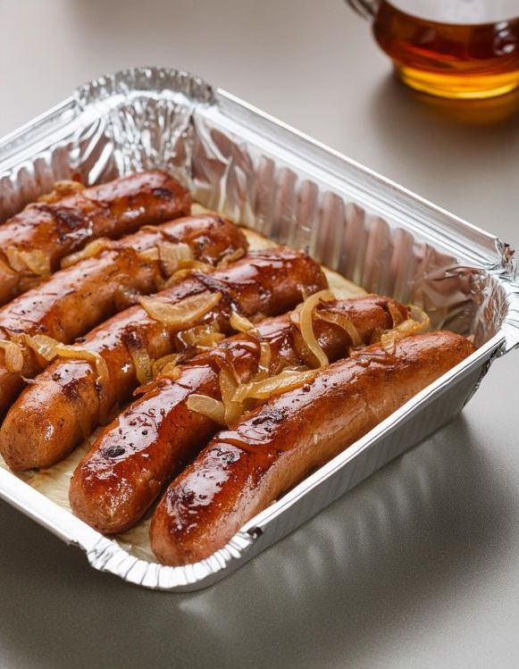 Oven Braised Beer Brats with Caramelized Onions