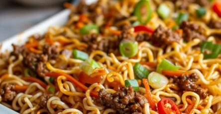 Sriracha Ground Beef Chow Mein Casserole