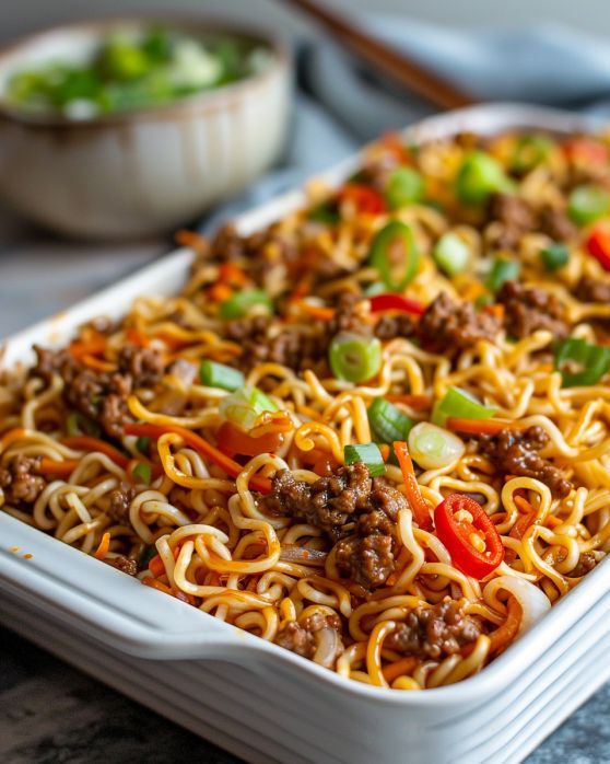 Sriracha Ground Beef Chow Mein Casserole