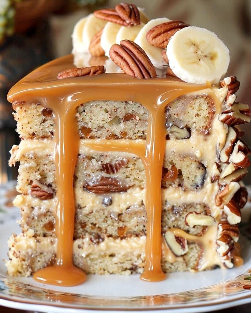 Decadent Banana Pecan Caramel Cake