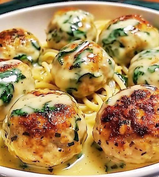 Chicken Ricotta Meatballs with Spinach Alfredo Sauce