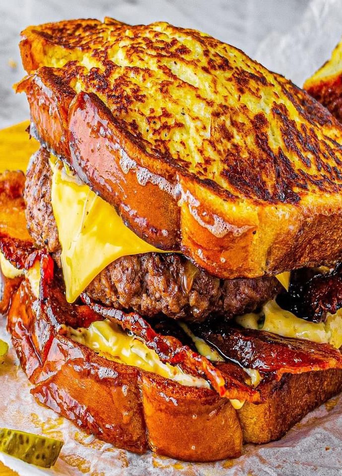 French Toast Burger with Bacon and Cheese