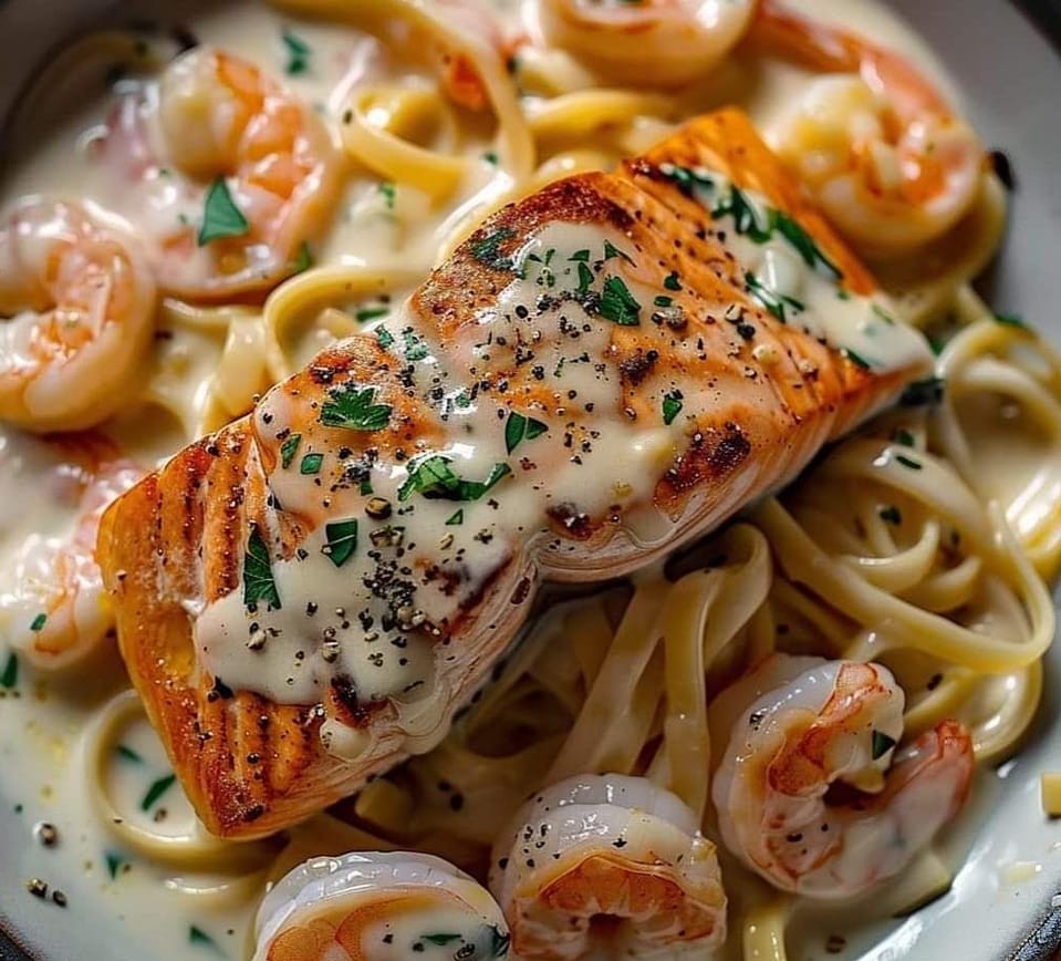 Salmon and Shrimp Alfredo