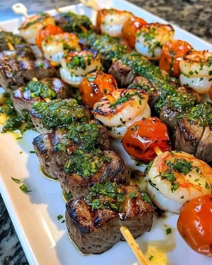 Grilled Steak and Scallop Skewers with Chimichurri Sauce