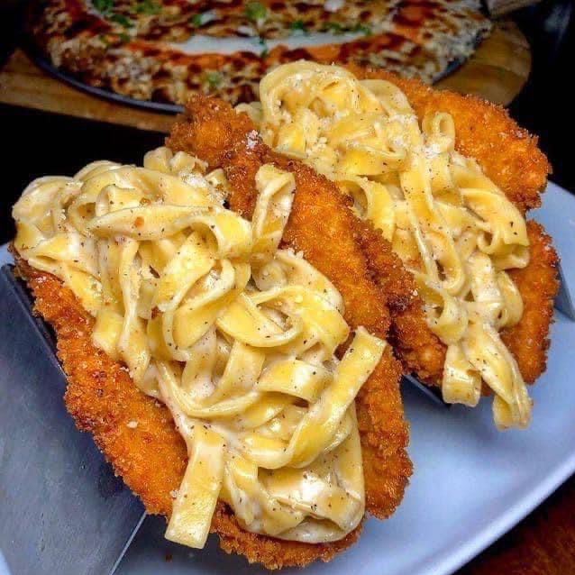 Fried Chicken Cutlet "Tacos" with Creamy Pasta Filling