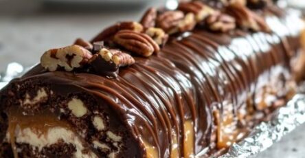 Gooey Chocolate Caramel Turtle Cake Roll