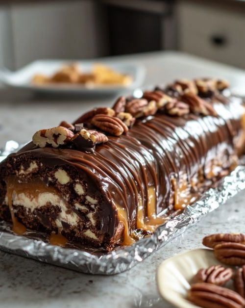 Gooey Chocolate Caramel Turtle Cake Roll