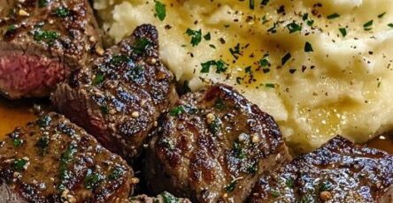 Pan-Seared Steak Bites with Garlic Butter and Mashed Potatoes