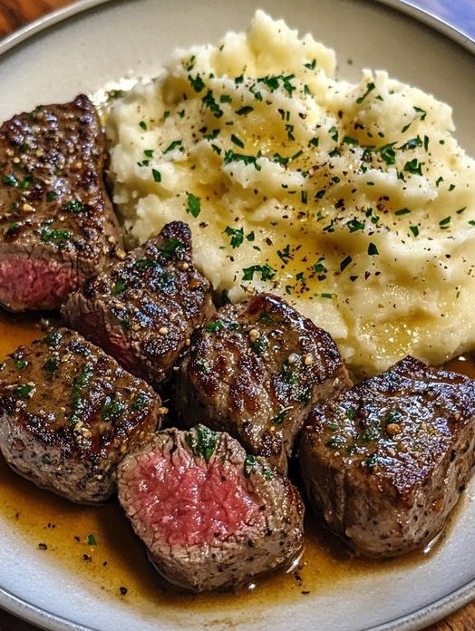 Pan-Seared Steak Bites with Garlic Butter and Mashed Potatoes