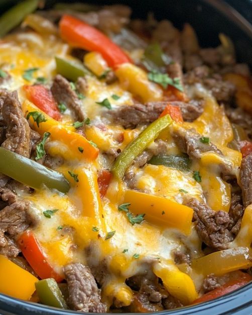 Slow Cooker Philly Cheesesteak Casserole