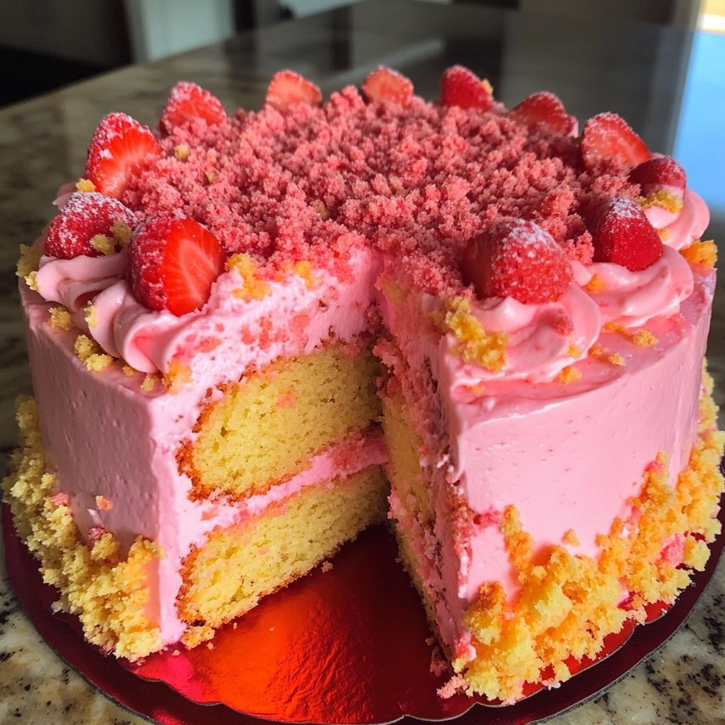 Strawberry Lemon Crunch Cake with Strawberry Cream Icing