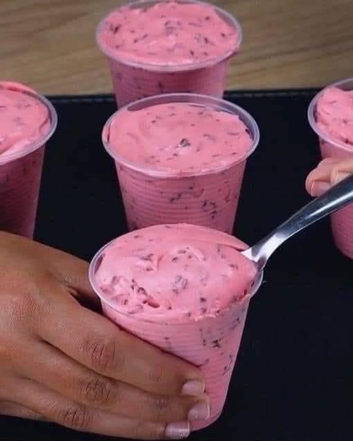 Pink mousse dessert with chocolate chips