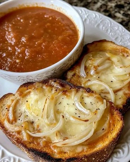 Cheese toast with onion and tomato soup