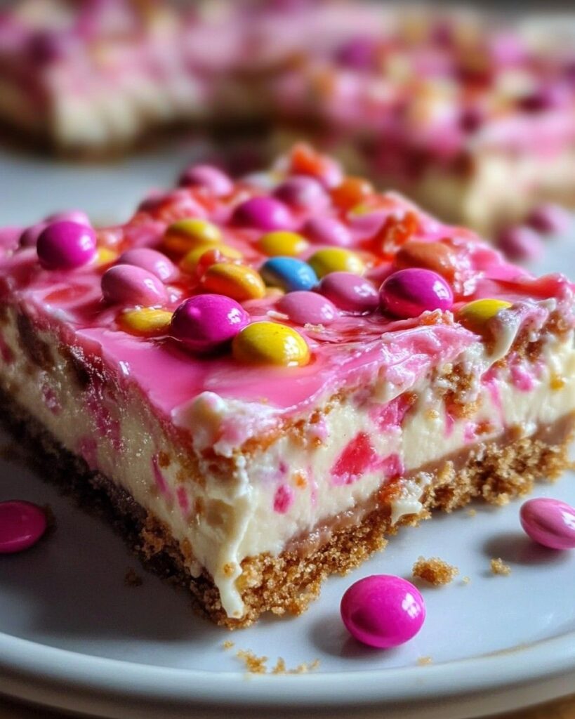 No-Bake Pink Paradise M&M Caramel Cheesecake Bars