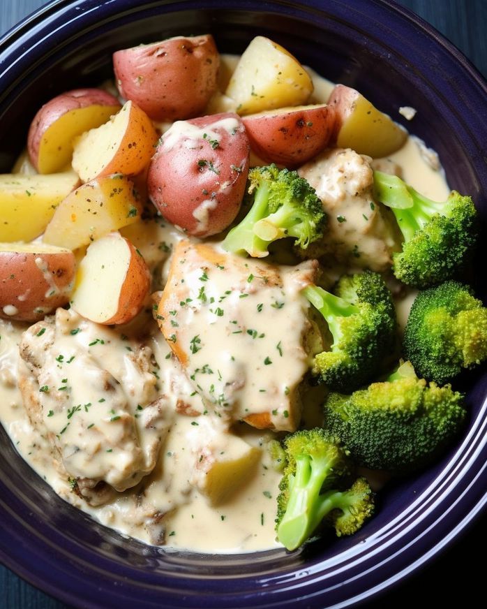 Slow Cooker Creamy Garlic Chicken & Veggies