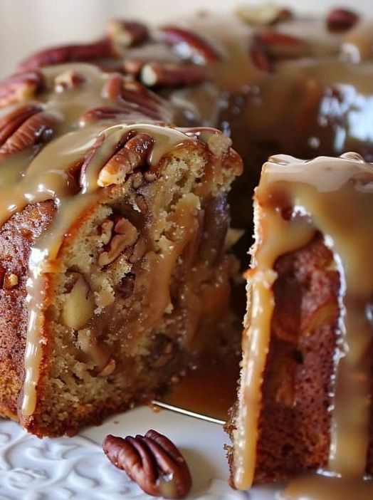 Apple Pecan Bundt Cake with Caramel Sauce