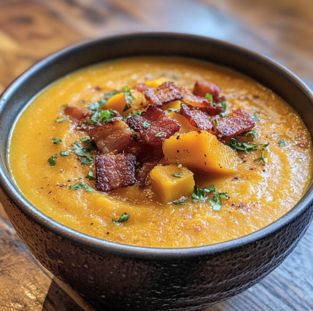 Roasted butternut squash soup with bacon