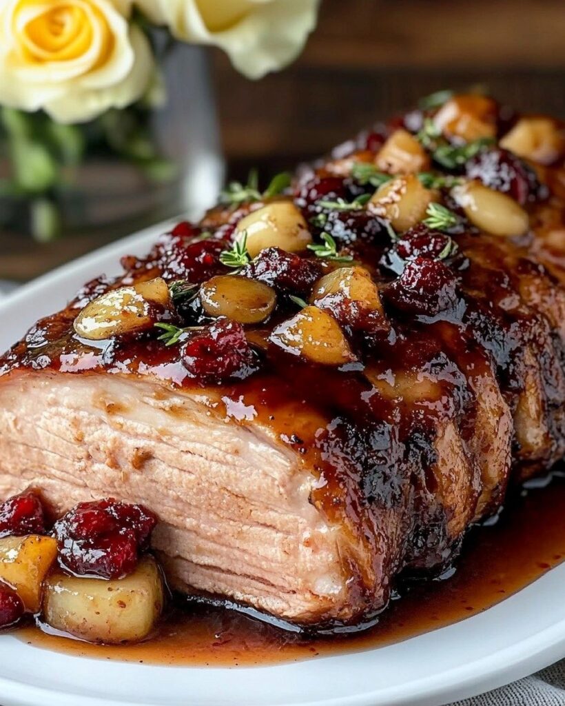 glazed pork loin with fruits and herbs