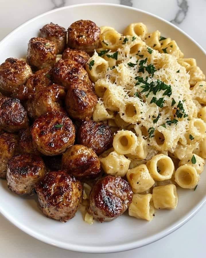 Pasta with meatballs in a creamy sauce