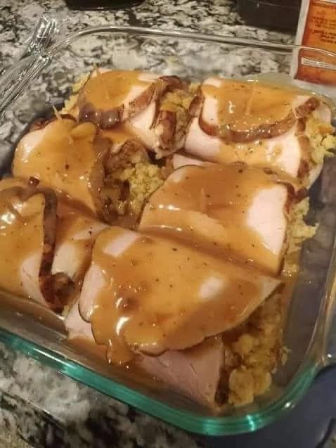 Pork chops with stuffing and gravy