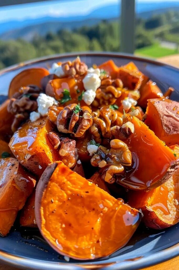 Roasted sweet potatoes with walnuts and goat cheese