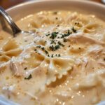 Creamy Chicken Alfredo Pasta Soup with Bowtie Pasta