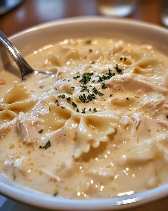 Creamy Chicken Alfredo Pasta Soup with Bowtie Pasta