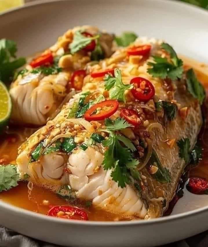 Steamed Fish with Spicy Lime and Garlic Sauce