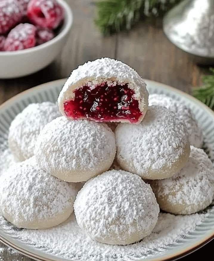 Raspberry-Filled Almond Snowball Cookies