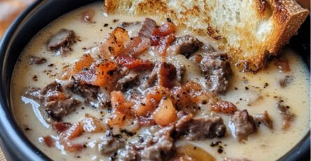 One-Pot Philly Cheesesteak Soup with Bacon and Cheesy