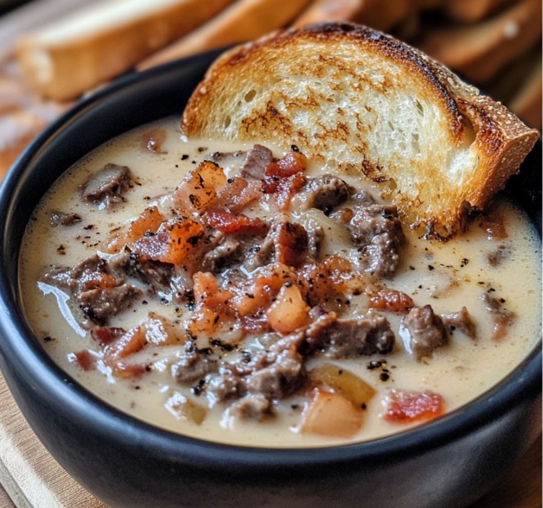 One-Pot Philly Cheesesteak Soup with Bacon and Cheesy