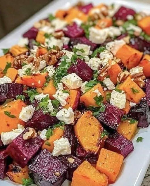 Roasted sweet potato and beetroot salad