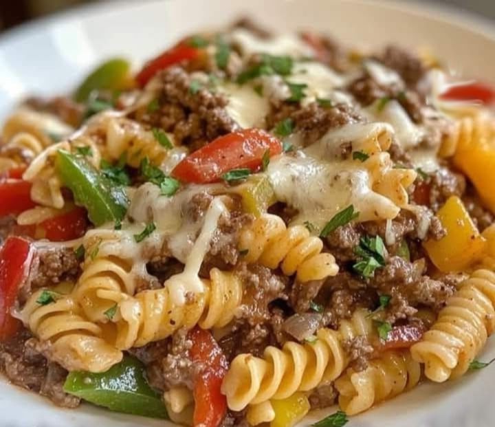 Crockpot Philly Cheesesteak Pasta Casserole