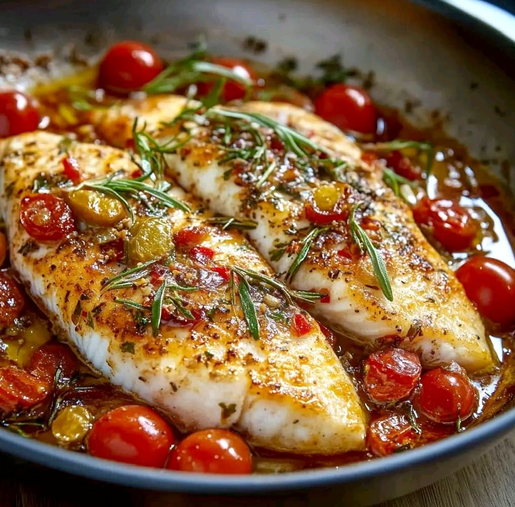 Pan-seared fish with tomatoes and herbs