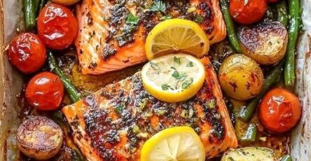 sheet pan salmon with potatoes and vegetables