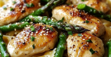 Lemon Garlic Chicken with Asparagus Creamy Bowtie Pasta