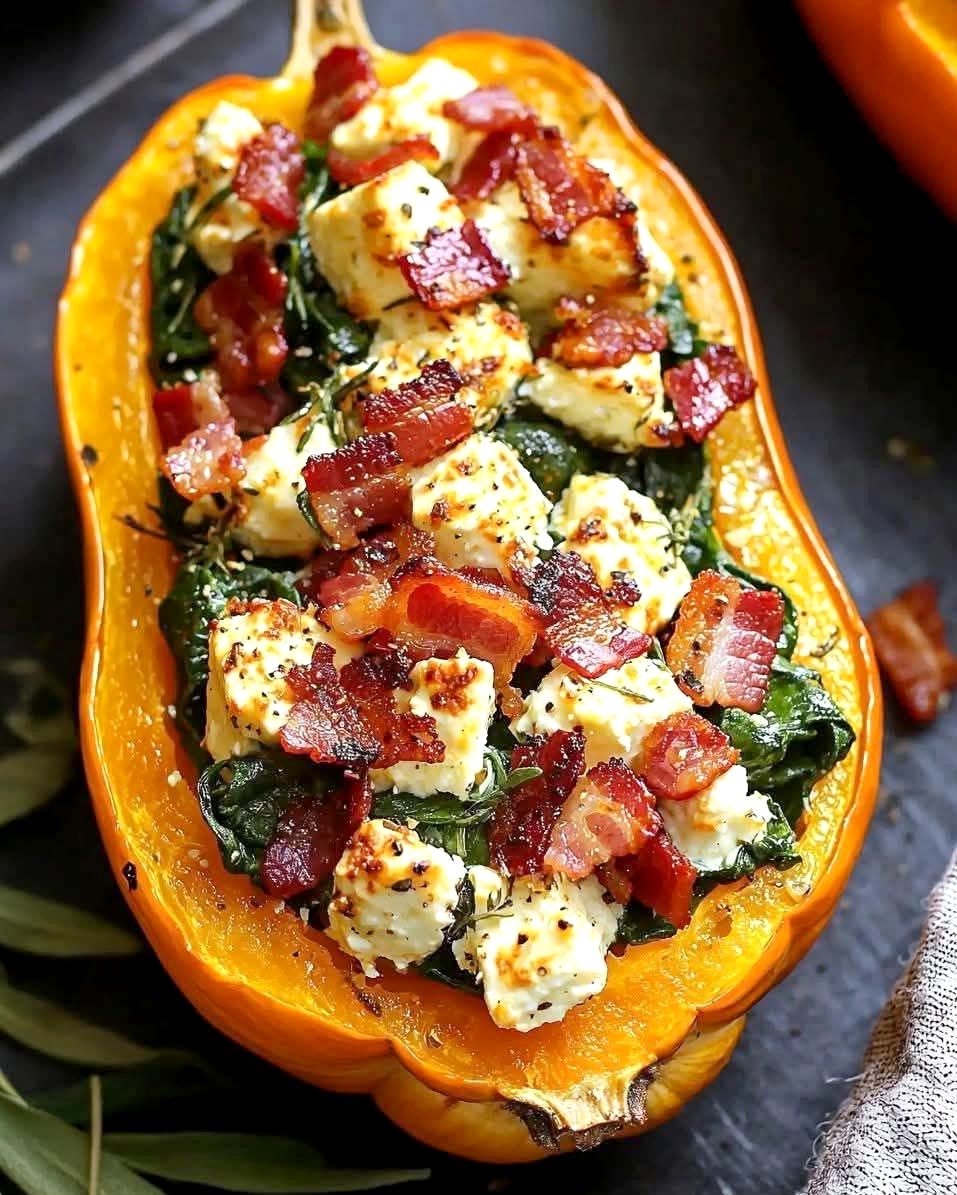 Roasted Stuffed Butternut Squash with Spinach Bacon and Cheese