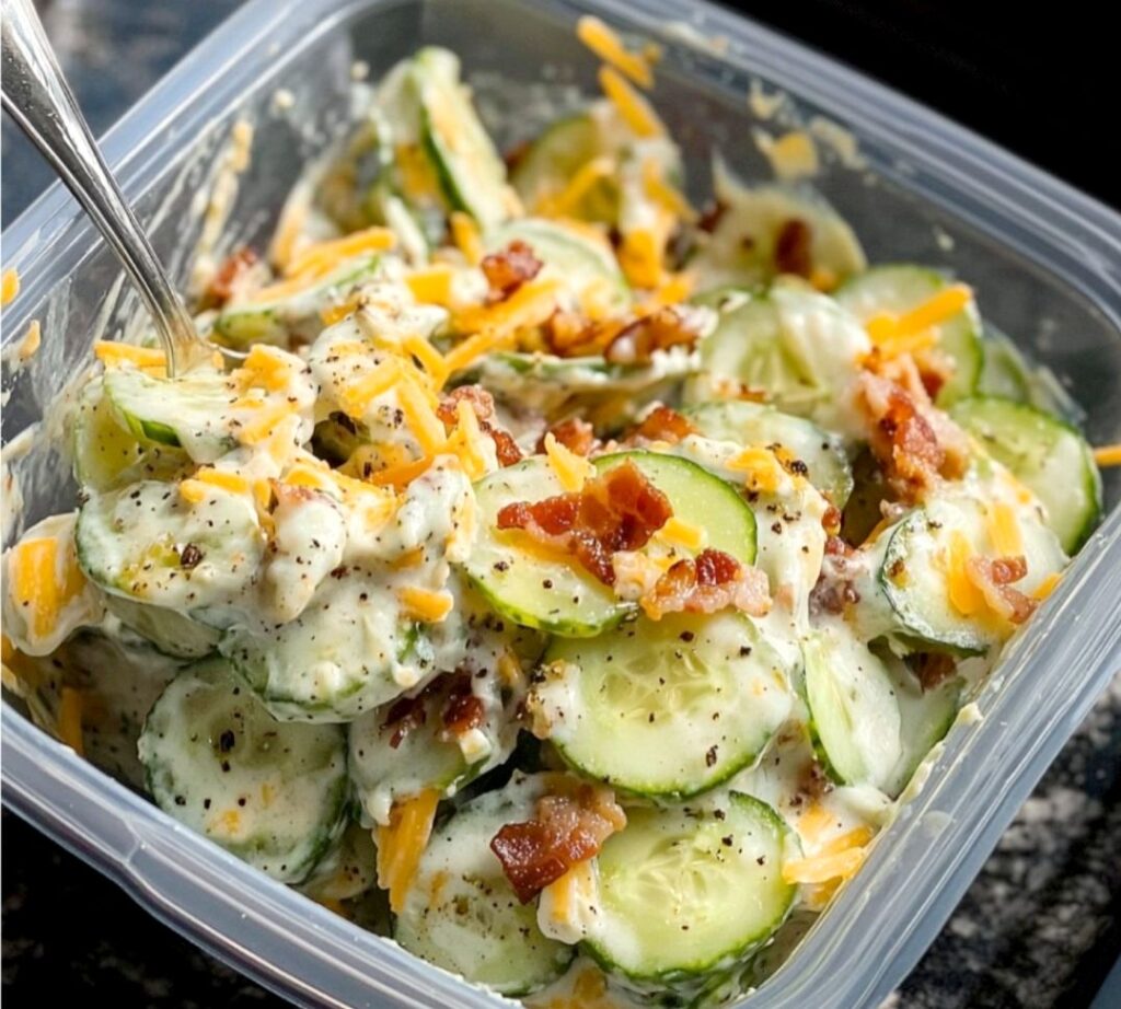 Creamy cucumber salad with cheese and bacon