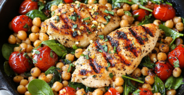 Grilled Chicken Skillet with Chickpeas, Tomatoes, and Spinach