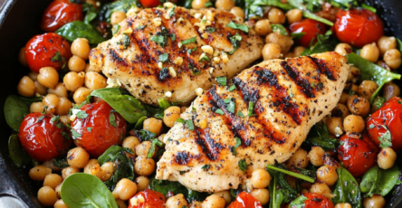 Grilled Chicken Skillet with Chickpeas, Tomatoes, and Spinach