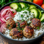 Greek Meatball Bowl with Tzatziki, Rice & Fresh Veggies