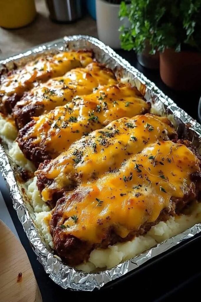Cheesy Meatloaf Over Mashed Potatoes Recipe