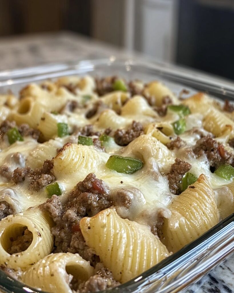 Philly Cheesesteak Casserole with Pasta Shells